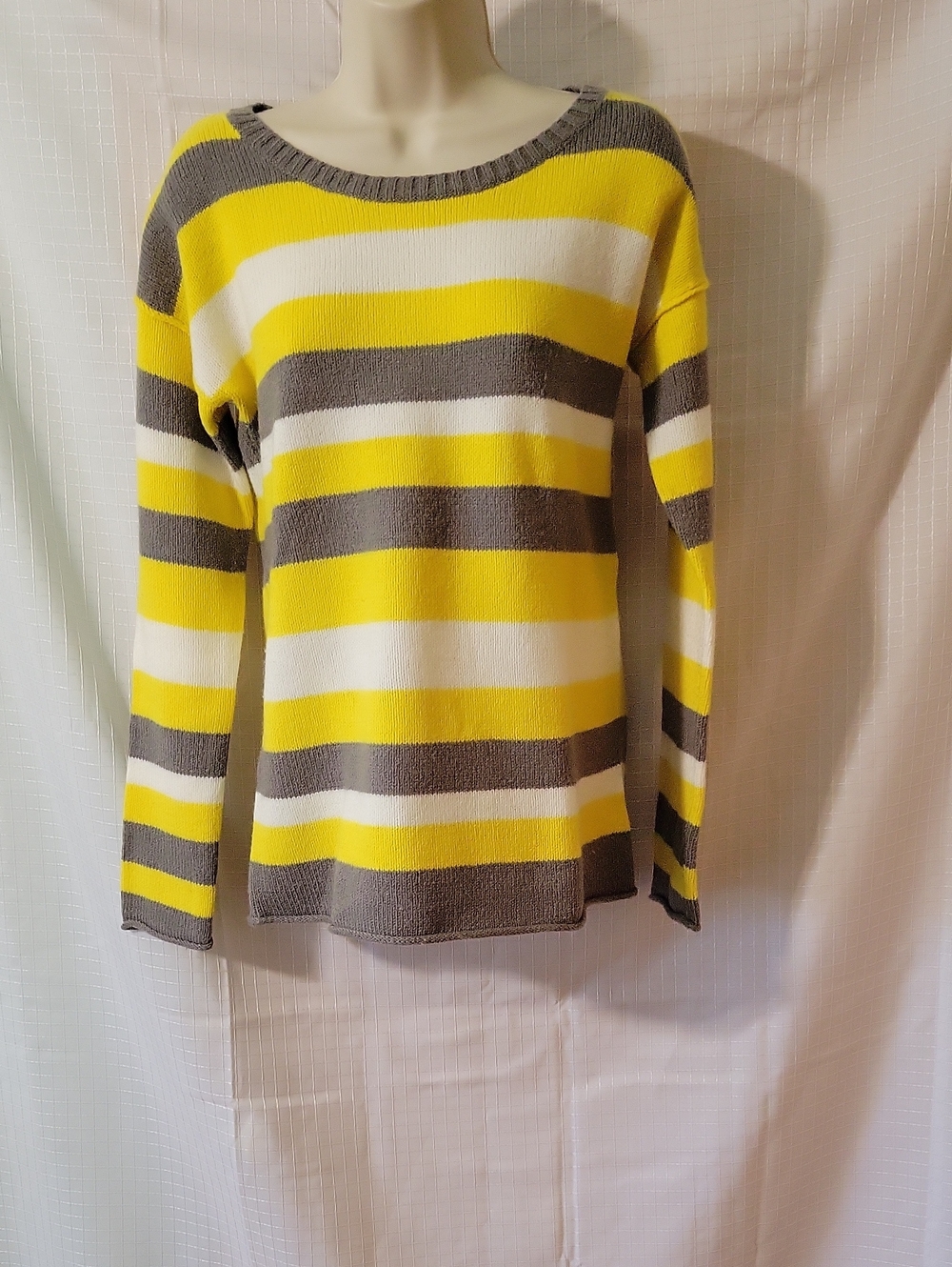 GAP Women's Yellow, White & Gray Striped Crew Neck Sweater, Size M